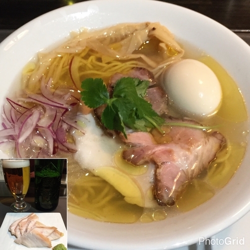 「味玉塩らぁめん880円+ハートランド500円+鶏ワサ300円」@KaneKitchen Noodlesの写真