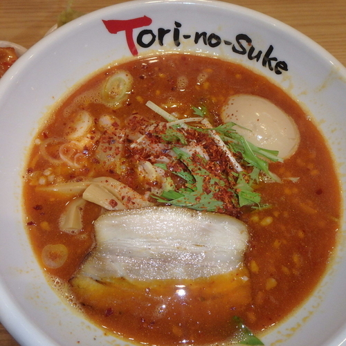 「辛鶏そば(810円)、白御飯唐揚げセット(388円)、味玉(」@とりの助 八木店の写真