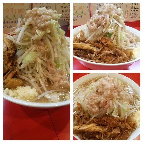 「小ラーメン（野菜、アブラ、ニンニクちょっと）＋鶏ほぐしＷ」@麺屋 桐龍の写真