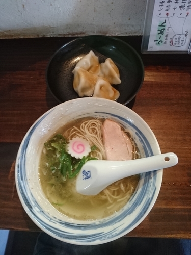 「和風淡麗塩soba 特性水餃子(4個) 540円(ラーパス)」@喜多方ラーメンcafeざくろの写真