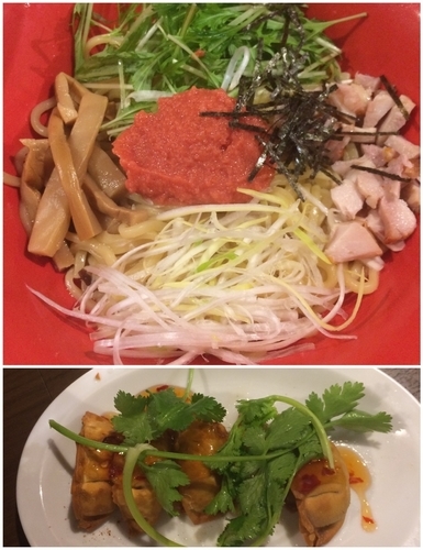 「明太子油そば+パクチー&スパイシー揚げ餃子」@釜炊きとんこつ 品川製麺所 新宿2丁目店の写真