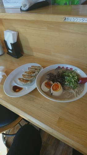 「半熟味玉豚そば￥730+餃子5個￥270」@麺や 木蓮の写真
