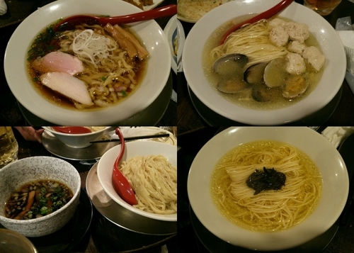 「手打ち中華そば、つけ麺、黒トリュフの塩そば　他2種（忘年会）」@立ち呑み居酒屋 金町製麺の写真