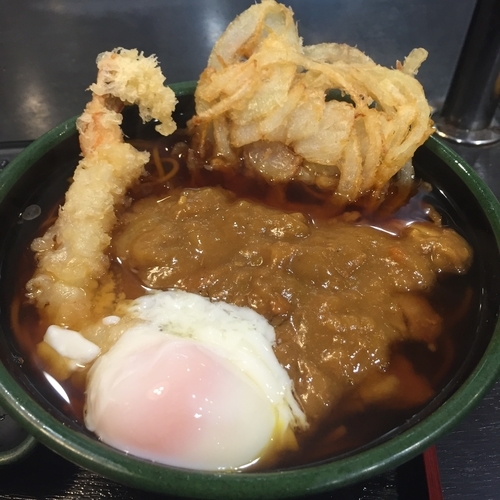 「朝カレーそば※（￥450）＋海老天（クーポン）」@ゆで太郎 南青山一丁目店の写真