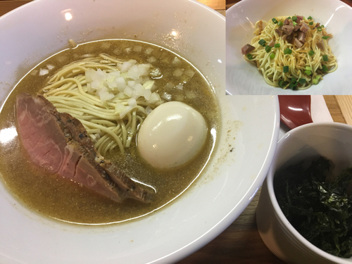 「味玉煮干しそば830円、バラ海苔、和え玉200円」@中華そば 先崎の写真