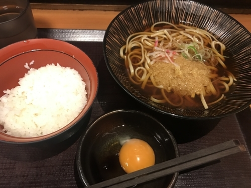 「朝そばセット【TKG】」@蕎麦冷麦  嵯峨谷 渋谷店の写真