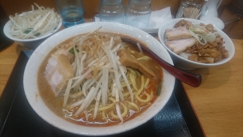 「辛みそつけ麺(特盛)(野菜大盛)+豚ごはん」@味噌麺処 花道庵の写真