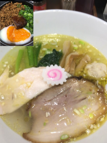 「塩鶏中華そば＋岳温泉卵丼」@麺処 若武者 草加分店 東北六縣堂の写真