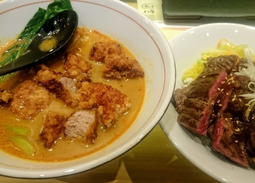 「パーコーカレー坦坦麺＋カットハラミステーキ丼」@四条富小路 麺屋虎杖 有楽町の写真