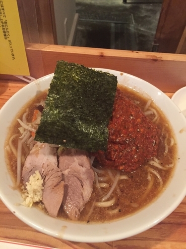 「オロチョンラーメン中盛野菜少ニンニク少カラメ」@にかいやの写真