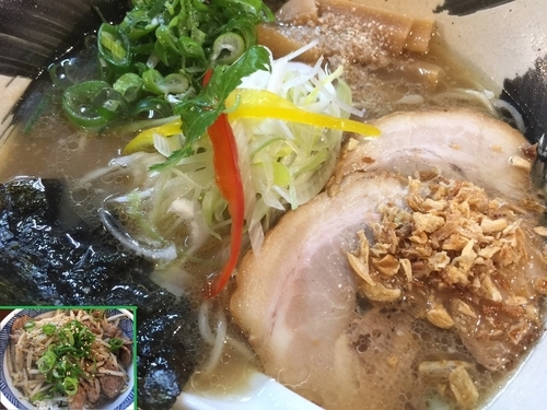 「旭川正油らーめん（あっさり）＋富良野名物ジンギスカン丼」@北海豚骨麺屋 銀鈴の写真