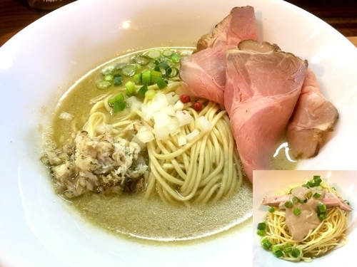 「【気まぐれ】牡蠣そば（800円）+味付き替玉（200円）」@中華そば 先崎の写真