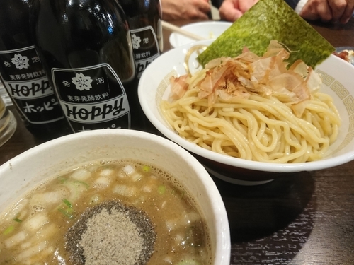 「つけ麺780円＋肉野菜炒め&チキン南蛮&ホッピー」@背脂煮干 丸め 新所沢店の写真