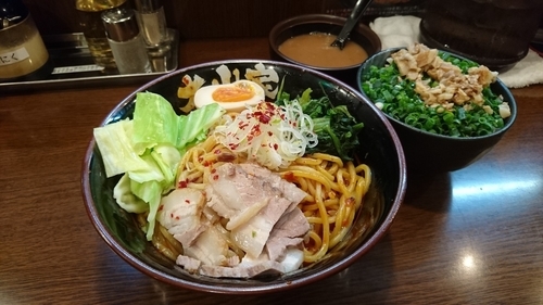 「限定/海老辛油そば+中盛り+ねぎ肉飯」@ラーメン 大山家 昭島店の写真