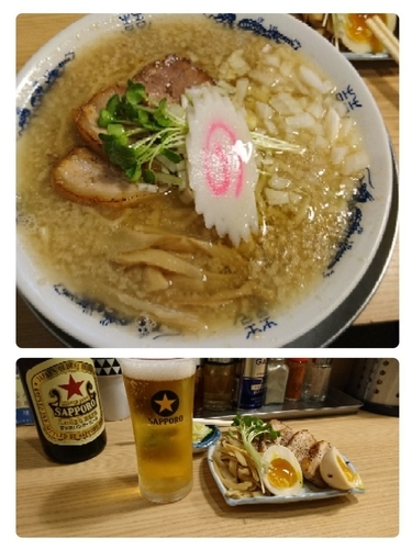「アブラ煮干そば、おつまみ3種、瓶ビール　1,830円」@煮干そば 流。の写真