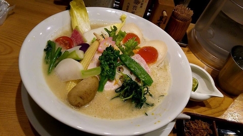 「鶏白湯Soba with季節の野菜、味玉、すだち」@銀座 篝の写真