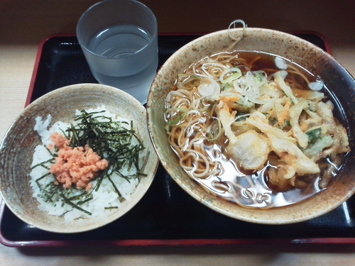 「かき揚げそば420+海苔鮭丼130=550円」@えきめんや 品川店の写真