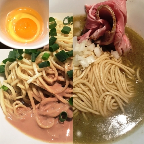 「煮干塩そば＋味付き替え玉フォアグラソース＋生タマゴ」@中華そば 先崎の写真