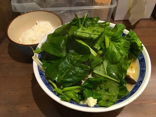 「味噌らー麺・野菜多め・にんにく・ほうれん草＋サービスライス」@麺や 神笑の写真