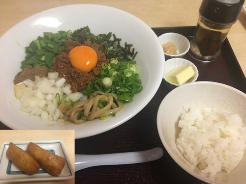 「まぜそばバター900円、いなり寿司120円」@らぁめん登里勝の写真