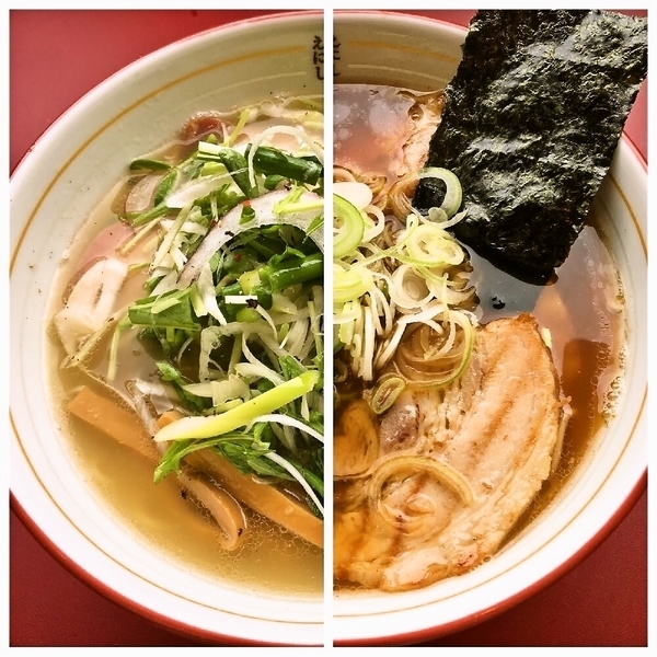 醤油バラチャーシューメン半麺味玉+塩ももチャーシューメン半麺ねぎミックス