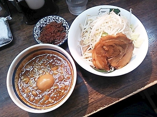 「つけ雷（並）＋半熟味玉・辛味（挽肉）」@雷 北松戸本店の写真