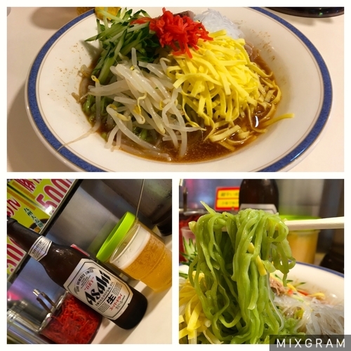 「アサヒスーパードライ小瓶＋冷し中華」@博多天神 新宿東口駅前店の写真