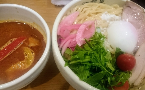 「カリーつけめん・赤（限定、大盛り無料）＋温玉・チャーシュー」@麺屋 江武里の写真