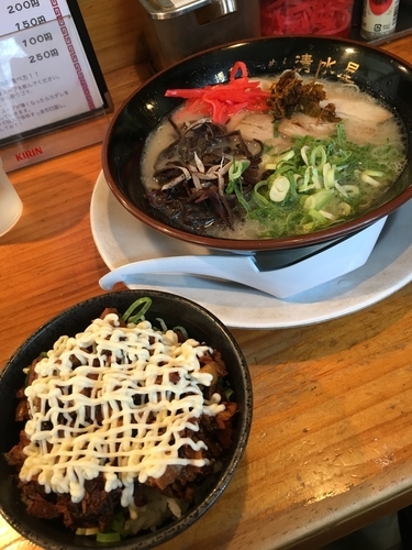 「博多ラーメン600円+マヨチャーシュー飯150円」@博多ラーメン 清水屋の写真