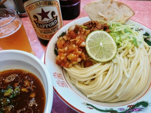 「【限定】つけ麺 エビ トマト サルサ800円＋ビール」@カッパラーメンセンターの写真