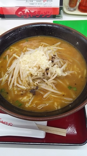 「カレーラーメン(ﾆﾝﾆｸ多め)大盛+サービスライス」@くるまやラーメン 鹿浜店の写真