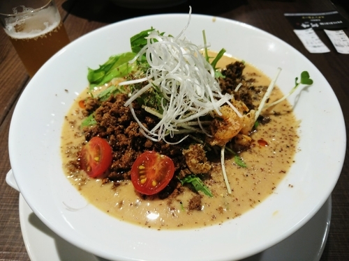 「冷やし担担麺880円(辣油2倍・花椒3倍)＋ライス・ビール」@四川担担麺 阿吽 北浦和店の写真