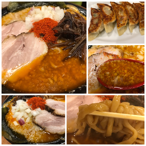 「背脂煮干 辛醤ラーメン＋餃子セット 1000円」@背脂煮干 丸め 新所沢店の写真