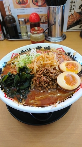 「昔ながらの辛味噌らーめん+小ライス+味玉」@味噌の匠味 三郷店の写真