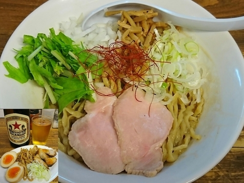 「油そば￥700＋おつまみ三点盛り￥500＋瓶ビール￥500」@くじら食堂の写真
