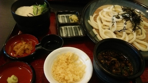 「杵屋のざるうどん 538円 ＋ とろろ御飯 325円（税抜）」@実演手打うどん 杵屋 本厚木ミロード店の写真