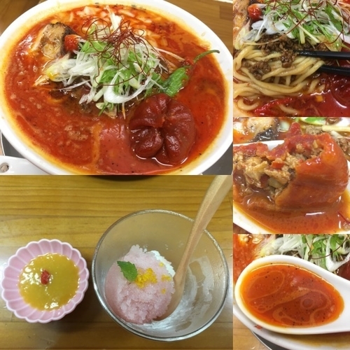 「炎帝 辛さマシ +餃子、桃ソルベ」@ラーメン専科 竹末食堂の写真