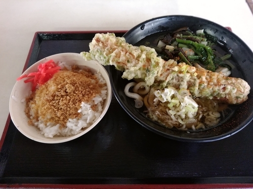 「一石二鳥セット(冷し山菜ちくわ天うどん＋そぼろご飯)500円」@そば・うどん 八起家 西口店の写真