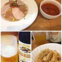 トマトつけ麺、揚げ餃子、ビール中瓶