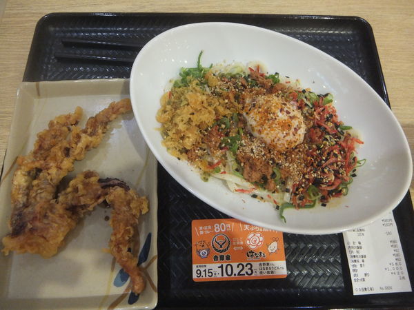 「痺れ汁なし坦々うどん温・小580円(天ぷら定期券利用)」@はなまるうどん イトーヨーカドー曳舟店の写真