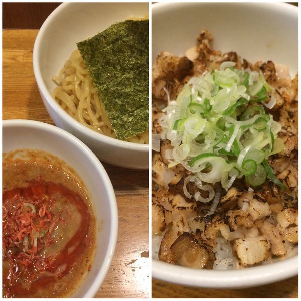 「濃厚ニボつけ麺(海老辛)+炙りチャーシュー丼」@煮干しそば 虎愼の写真