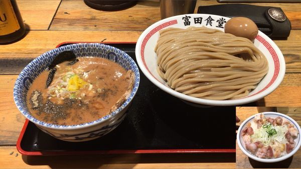 「濃厚味玉つけ麺(特450g  追記:地鶏の塩焼き丼」@松戸中華そば 富田食堂の写真