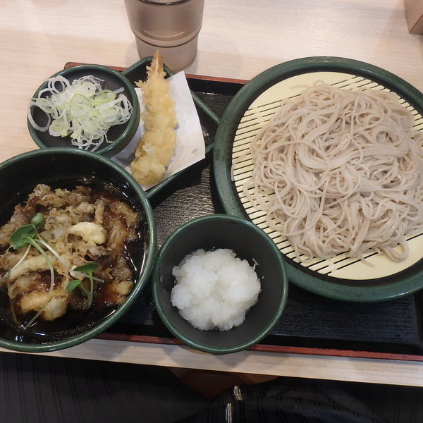 「つけきのこ天せいろ(480円)、クーポン海老天」@ゆで太郎 船橋北口店の写真