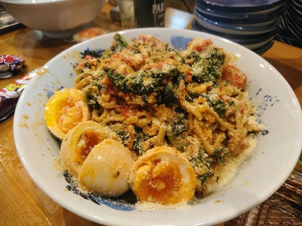 「【気まぐれ限定】ほうれん草と煮卵のボロネーゼ780円」@ラーメン カワタカの写真