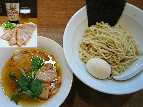 「特製塩つけめん＋チャーシュー＋ビール（中瓶） 他」@らぁめん山と樹の写真