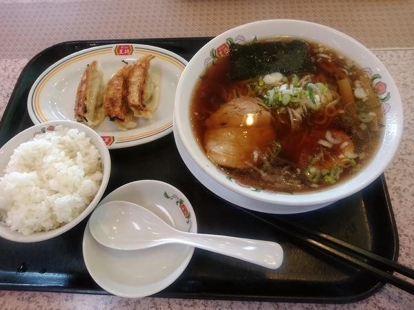 「特製ラーメンラン(特製中華そば+餃子3個+小ライス)756円」@餃子の王将 高前バイパス小八木町店の写真