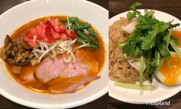 「八咫烏式担々麺&キノコご飯蒸し鶏パクチー添え」@八咫烏の写真