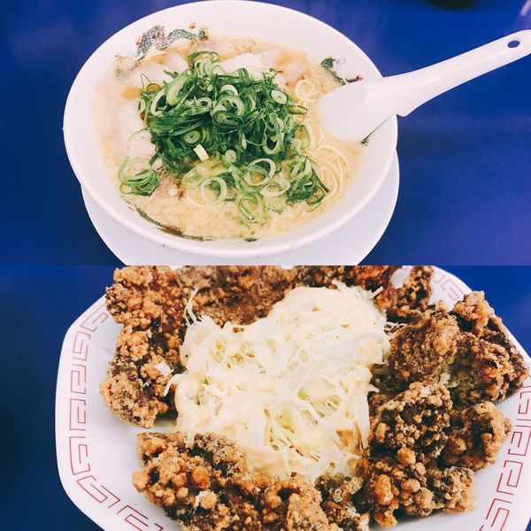 「こってりラーメン(麺固め・背脂ネギ多め・チャーシュー脂身)&牛レ」@来来亭 十三店の写真