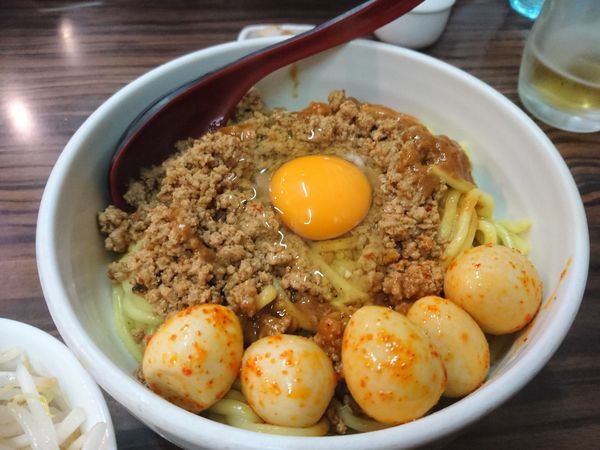 「まぜそば(野菜大盛サービス)800円＋チンピラ玉子 他」@味噌麺処 花道庵の写真