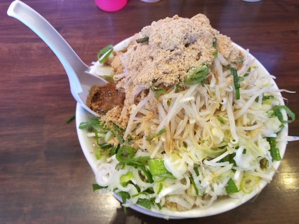 「ラーメン(ニンニク、野菜マシマシ)ねぎ、魚粉」@龍麺 ふえ郎の写真